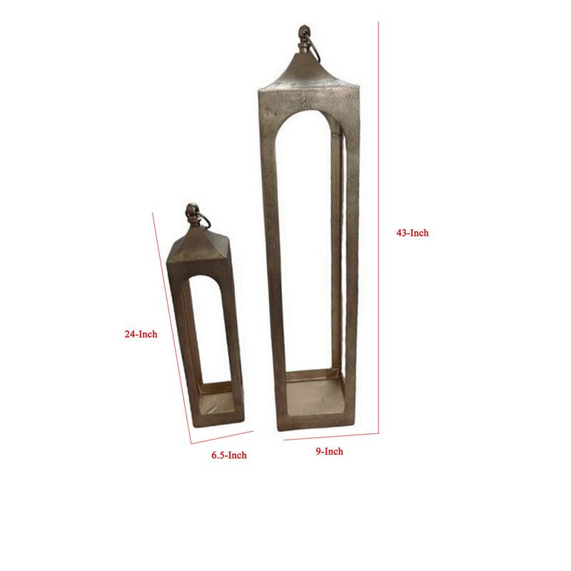 Akira Tabletop Candle Holder Lantern Set of 2, Gold Metal, Top Hook - Benzara
