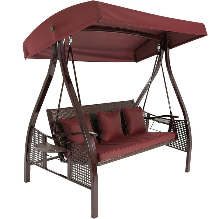 Sunnydaze 3-Person Steel Patio Swing Bench with Side Tables/Canopy