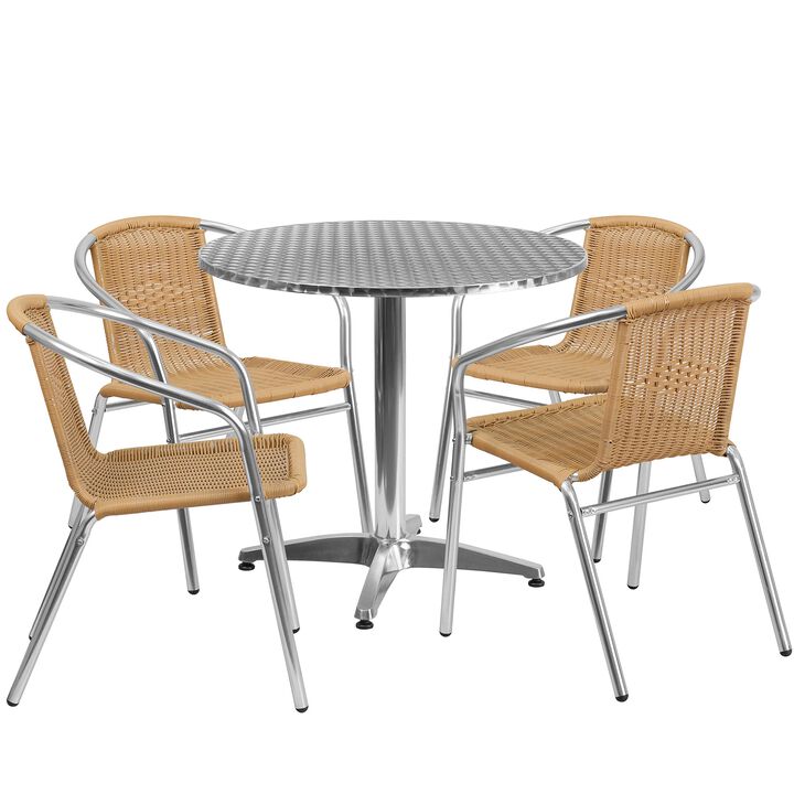 Flash Furniture 31.5'' Round Aluminum Indoor-Outdoor Table Set with 4 Black Rattan Chairs