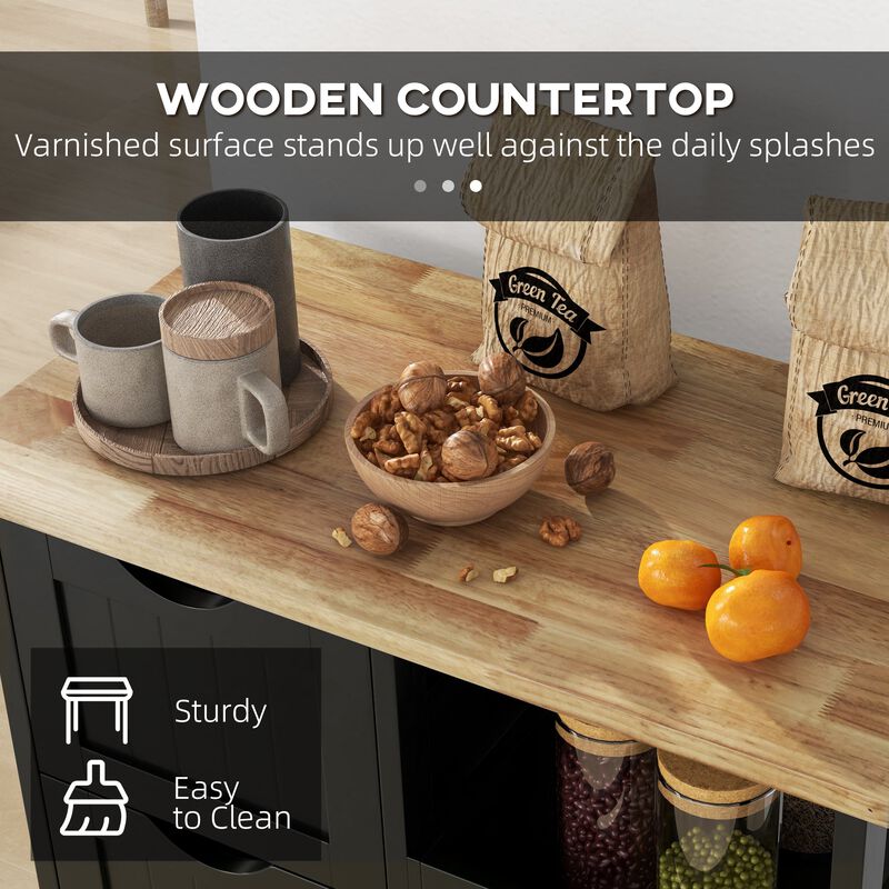 Black Kitchen Island: Wood Top, Shelves, Drawers, Wheeled