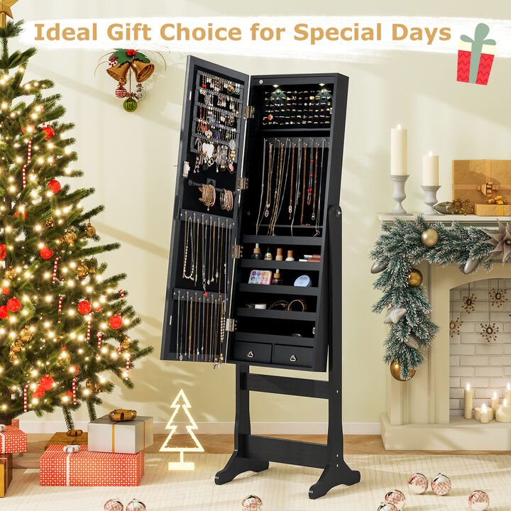 Lockable Freestanding Jewelry Cabinet Armoire with Mirror and LED Lights