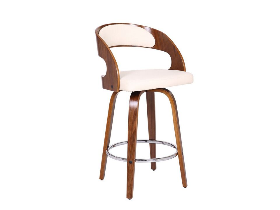 Mid Century Curved Back Swivel Counter Barstool, Cream - Benzara