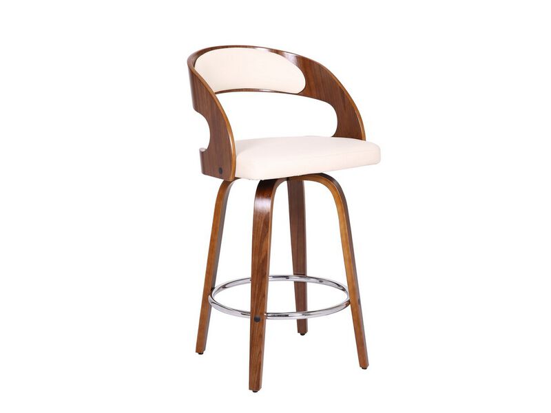 Mid Century Curved Back Swivel Counter Barstool, Cream - Benzara