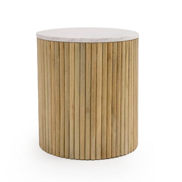 Cid Jolie 18 Inch Side End Table, White Marble Top, Brown Mango Wood Base - Benzara