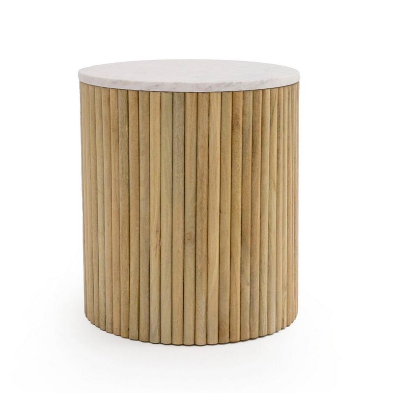 Cid Jolie 18 Inch Side End Table, White Marble Top, Brown Mango Wood Base - Benzara