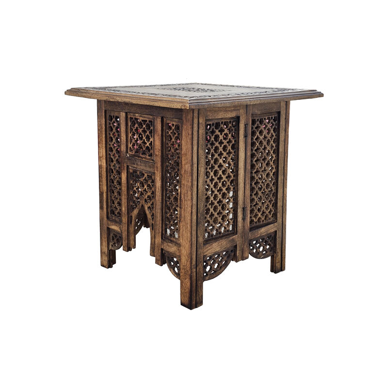 21 Inch Boho Side End Table, Floral Carved Details, Foldable Panel Legs, Natural Walnut Brown - Benzara