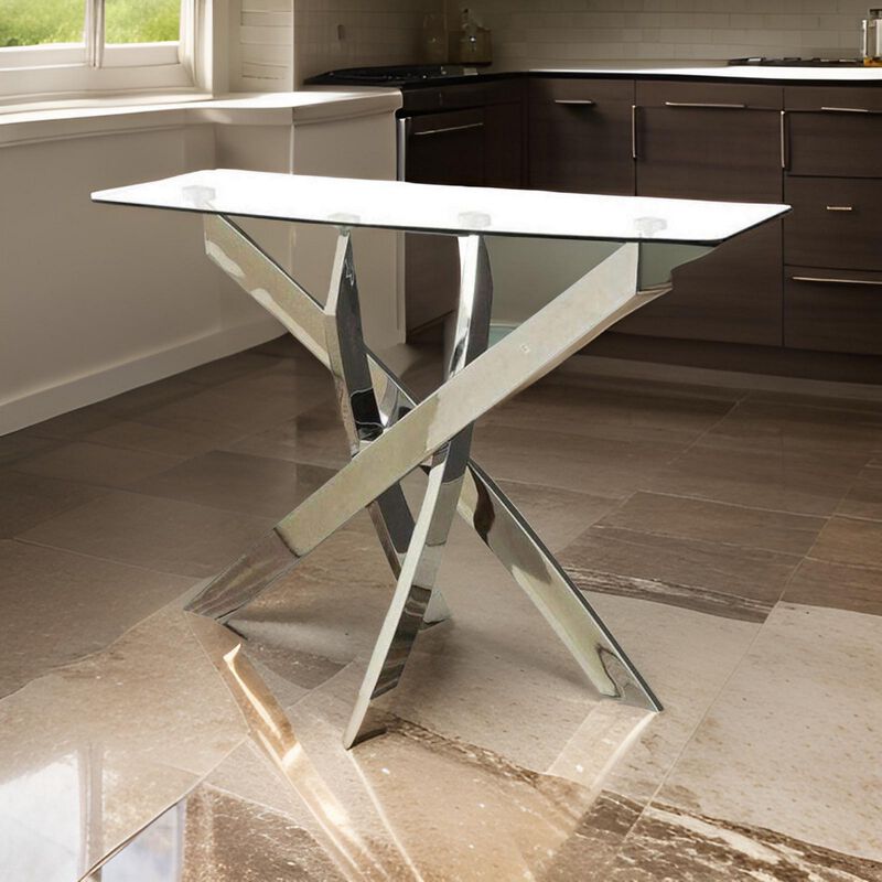Rectangular Glass Top Sofa Table with Criss Cross Base, Silver and Clear - Benzara