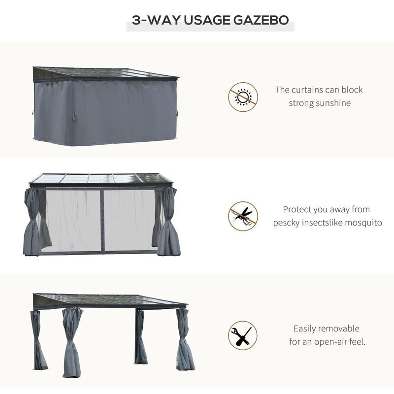 Grey Garden Pavilion: 13'x9.5'x8' Pergola with PC Roof and Curtains