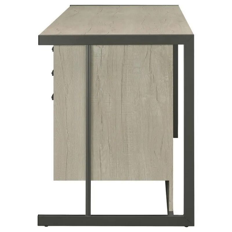 60 Inch 4 Drawer Rectangular Office Desk, Metal Sled Base, Whitewashed Gray-Benzara