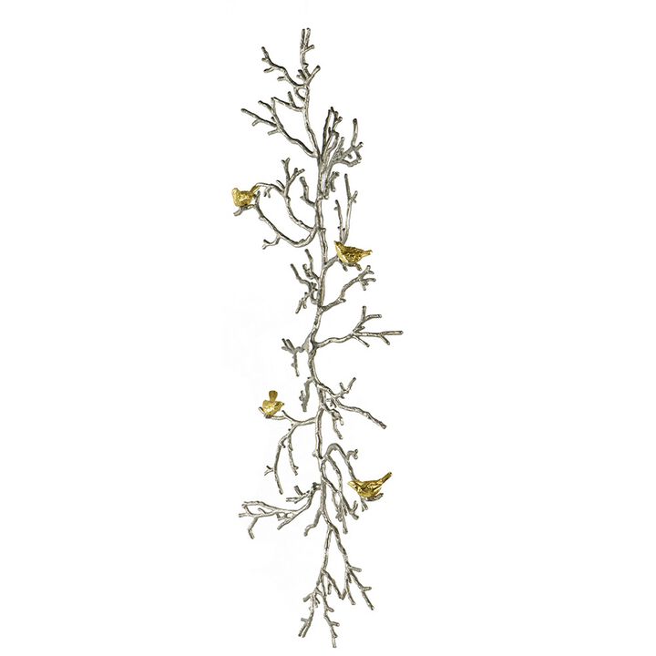 Branch Shape Aluminum Wall Decor with Gold Accented Four Birds, Silver - Benzara
