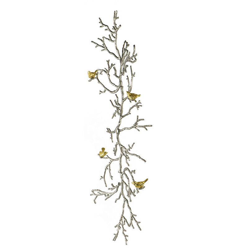 Branch Shape Aluminum Wall Decor with Gold Accented Four Birds, Silver - Benzara