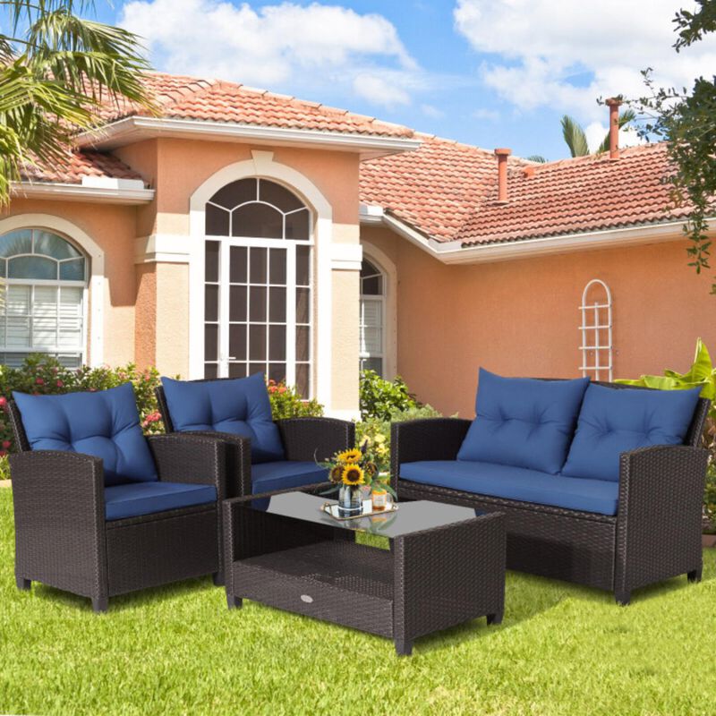 Hivvago 4 Pieces Patio Rattan Furniture Set with Tempered Glass Coffee Table
