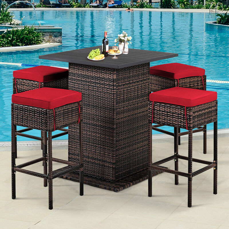 5 Pieces Patio Rattan Bar Table Stool Set Hidden Storage Shelf Cushioned