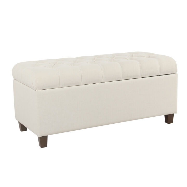 Fabric Upholstered Button Tufted Wooden Bench With Hinged Storage, White and Brown - Benzara