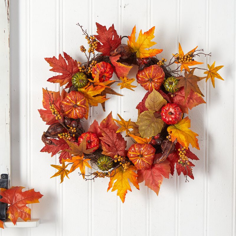 Hivvago 24" Autumn Pumpkin and Berries Artificial Fall Wreath