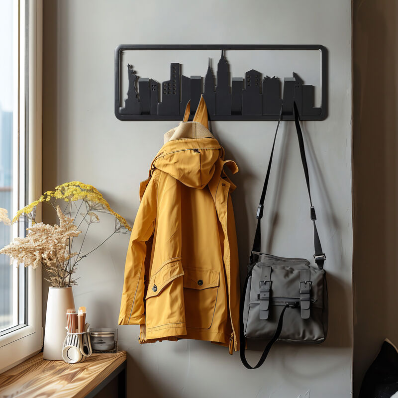 LuxenHome Black Wood 4-Hook Skyscraper Wall-Mounted Coat and Towel Rack