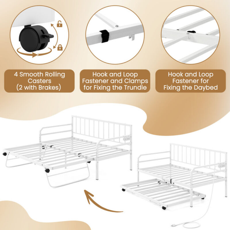 Adjustable Metal Twin Size Daybed with Charging Station and LED Light