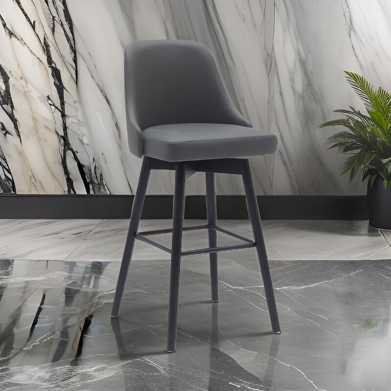 Sean 30 Inch Barstool Chair, Parson Style, Swivel, Gray Faux Leather, Black - Benzara
