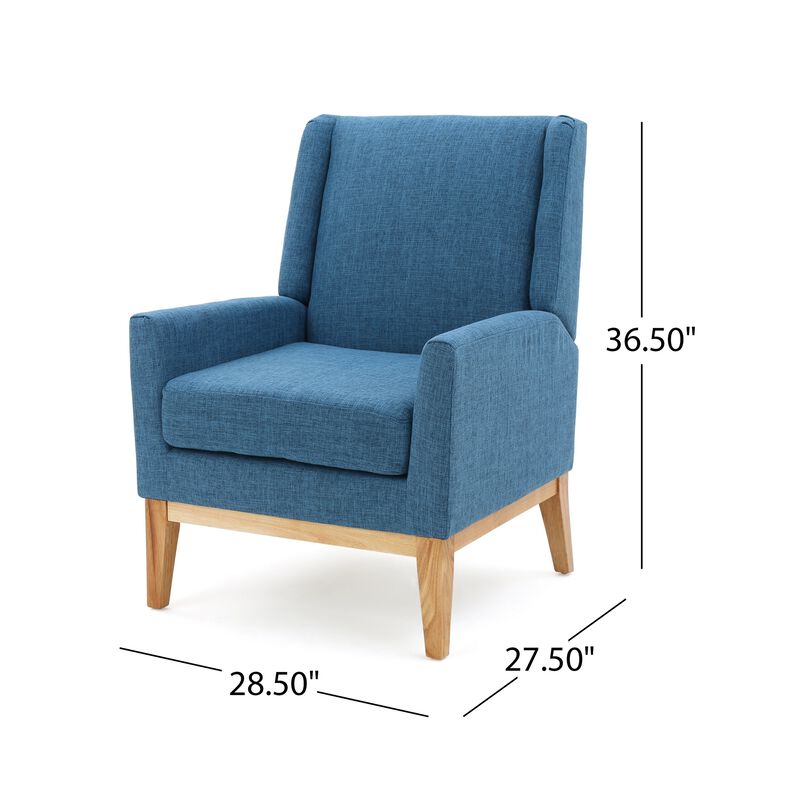 Accent Club Chair, Smooth Textured Design Blue Microfiber, Brown Wood - Benzara