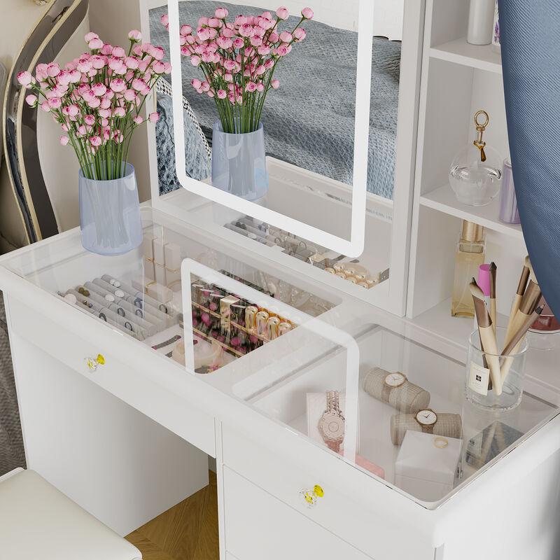 White Wood 39.4 in. W Large Glass Top Table Dresser Dressing Desk with LED Dimmable Mirror, 5-Drawers, Hidden shelves