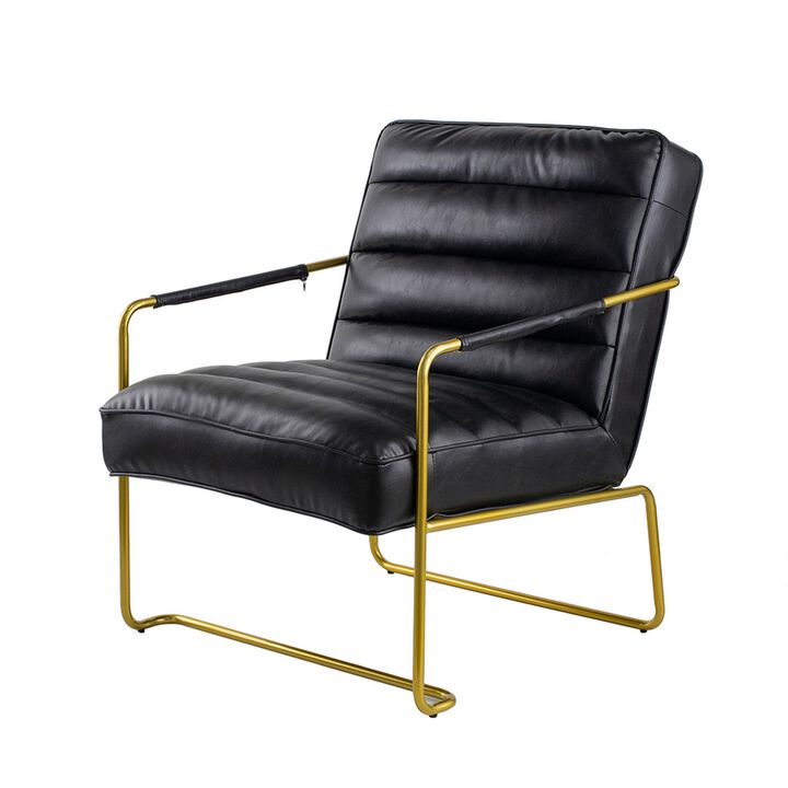 30 Inch Accent Chair, Gold Iron Frame, Channel Tufted Black Faux Leather - Benzara