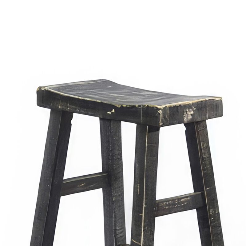 Rena Barstool Set of 2, Saddle Style Seat, Black Sand Mahogany Wood - Benzara