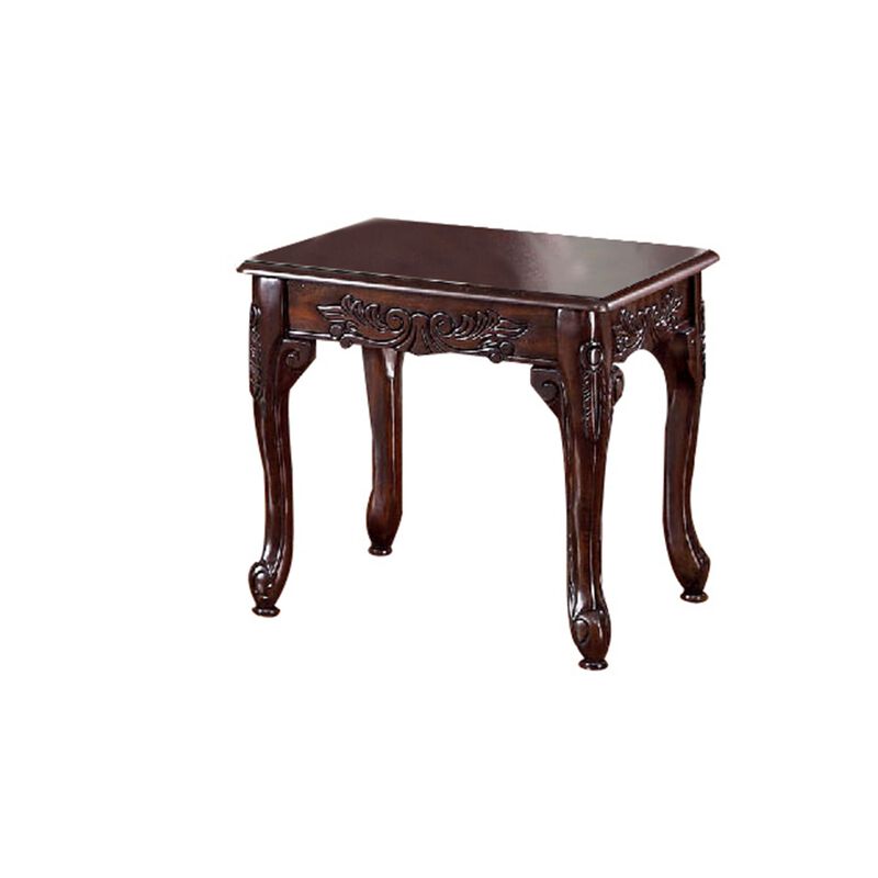 3 Piece Occasional Wooden Table Set with Engraved Details, Cherry Brown-Benzara