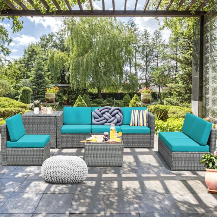 Hivvago 8 Pieces Wicker Sofa Rattan Dining Set Patio Furniture with Storage Table