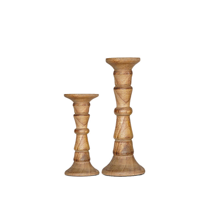 Traditional Wallnut Eco-friendly Handmade Mango Wood Set Of Two 9" & 12" Pillar Candle Holder BBH Homes