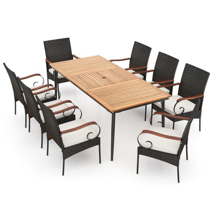 Hivvago 79 Inch Outdoor Dining Table and 8 Rattan-woven Dining Chairs with Acacia Wood Tabletop