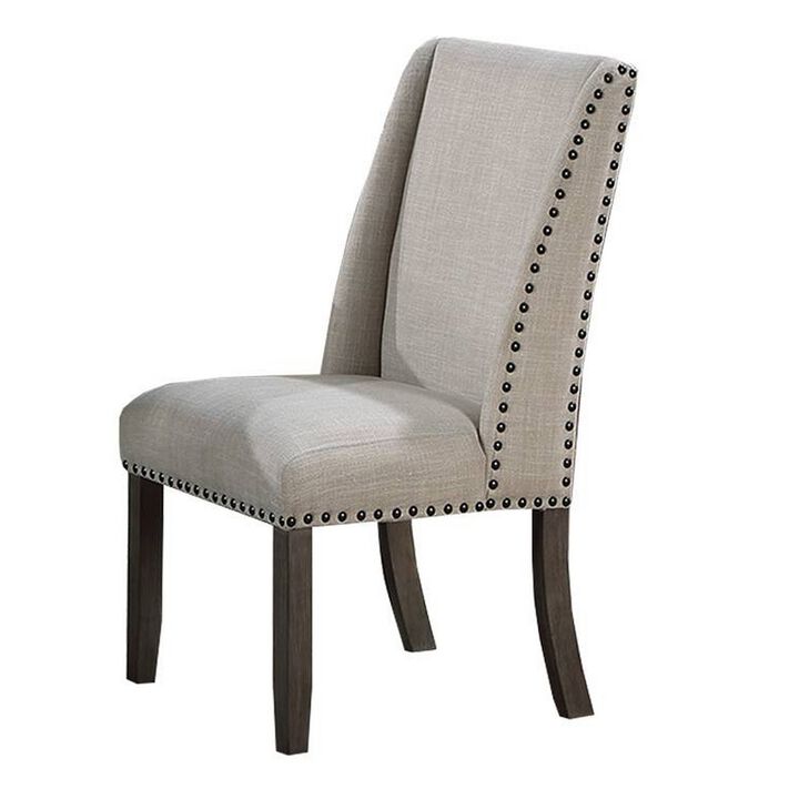 Alex Dining Side Chair Set of 2, Wingback, Nailhead Brown Wood, Beige - Benzara