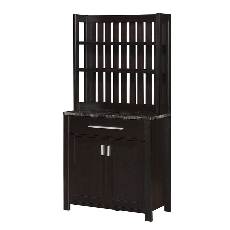 Convenience Concepts Sawyer Wine Bar With Cabinet, Faux Black Marble/Espresso