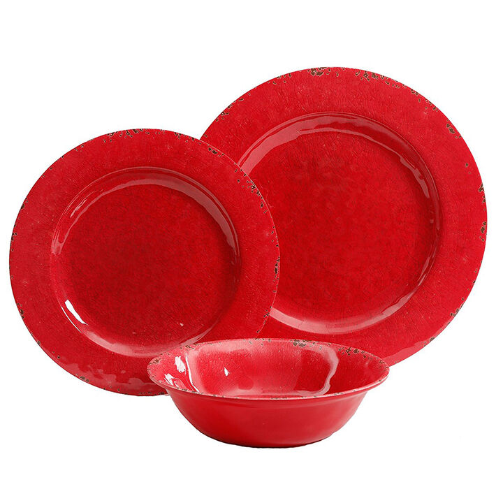 Studio California Mauna 12 Piece Melamine Dinnerware Set in Red Crackle Look Decal