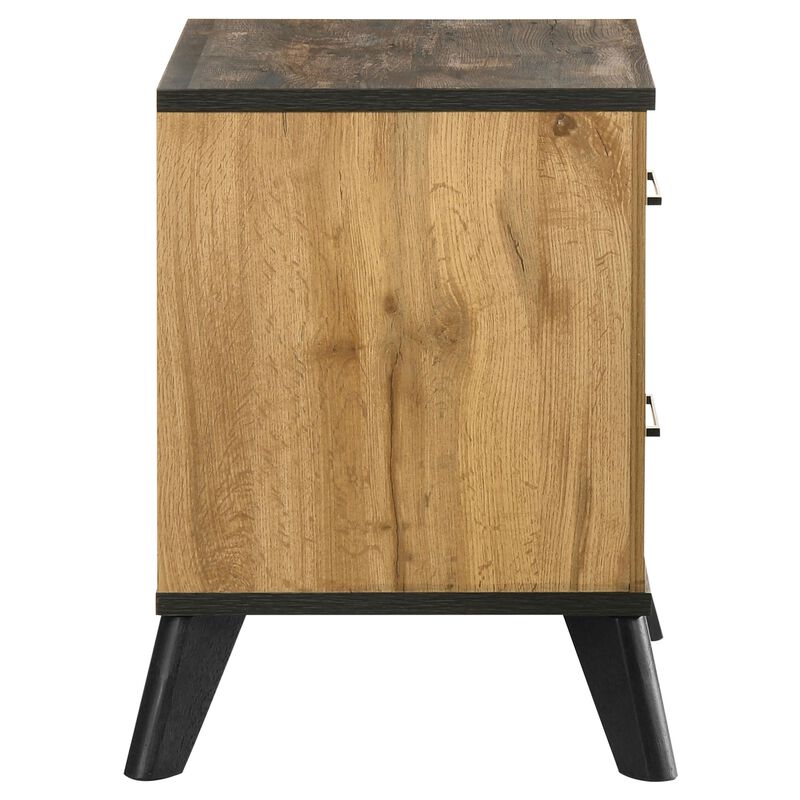 Wemy Nightstand with 2 Drawers, Metal Legs, Weathered Brown Pine Wood - Benzara