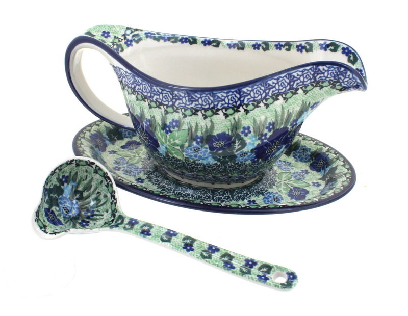 Blue Rose Polish Pottery Sapphire Fields Gravy Boat & Ladle