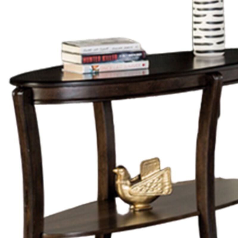 Orio Sofa Table, Open Shelves, 49 Inch Oval Top, Curved Legs, Brown Wood