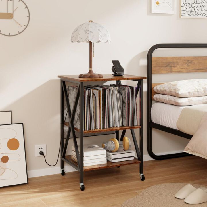 Hivvago Mid-Century Record Player Stand with Built-in Charging Station