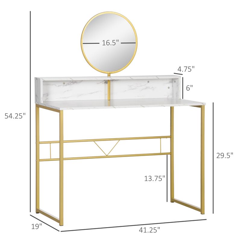 White/Gold Makeup Station: Faux Marble Vanity Desk with Mirror