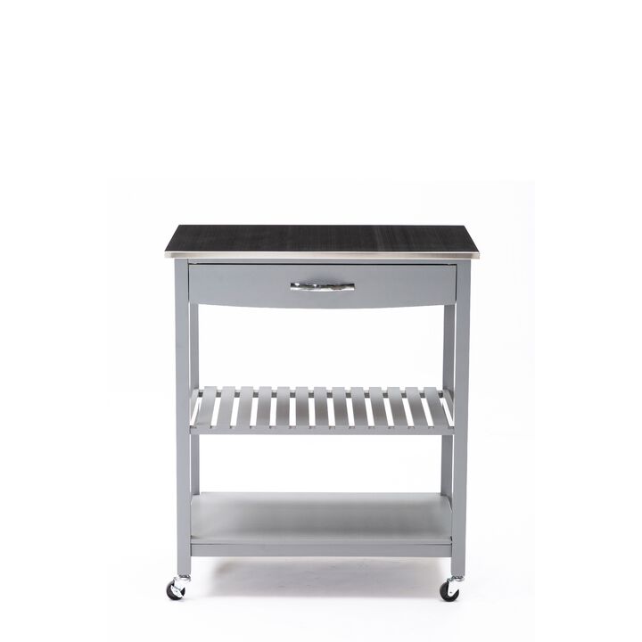 38 Inch 2 Tier Kitchen Cart Island, Shelf, Steel Top, Lock Casters, Gray - Benzara