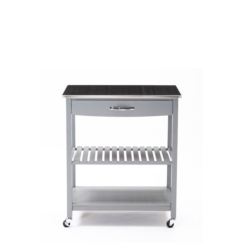 38 Inch 2 Tier Kitchen Cart Island, Shelf, Steel Top, Lock Casters, Gray - Benzara