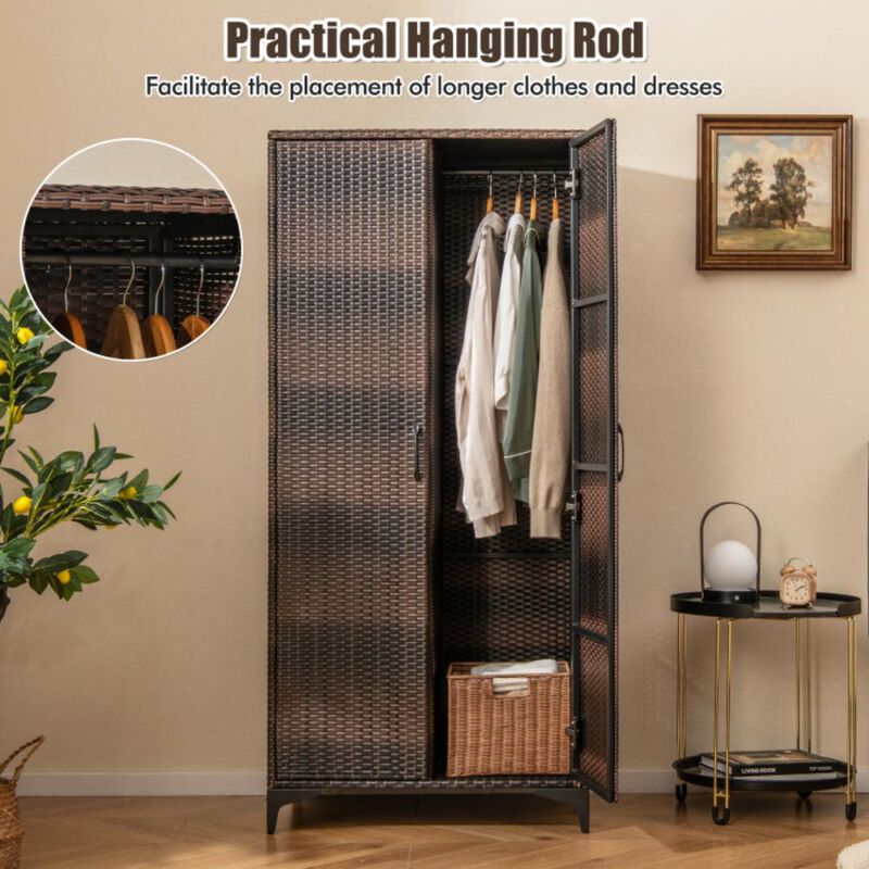Hivvago 62 Inch Wicker Wardrobe with 2 Doors PE Rattan Closet with Hanging Rod
