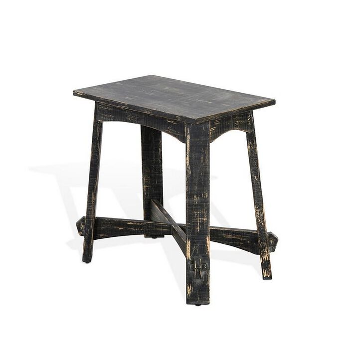 Rena Accent Chairside Table, X Legs, 24in Distressed Rustic Black Wood - Benzara