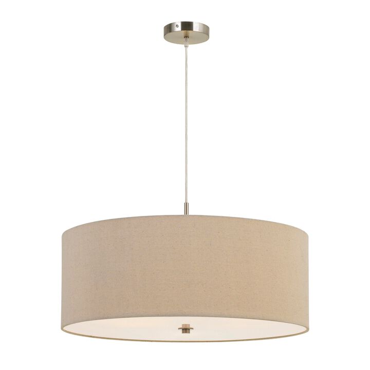 60W x 3 Drum Shade Pendant Fixture, Beige and Silver-Benzara