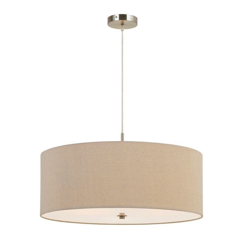 60W x 3 Drum Shade Pendant Fixture, Beige and Silver-Benzara