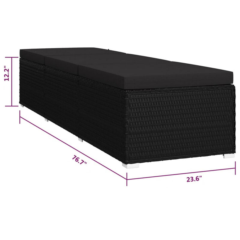 Outdoor Chaise Sun Lounger with Cushion, 77 Inch Black Poly Rattan - Benzara