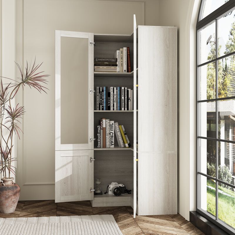 FUFU&GAGA Modern Wood Grain Corner Bookcase with Adjustable Shelves and Glass Doors (31.5" W x 70.9" H x 31.5" D), Wood Grain