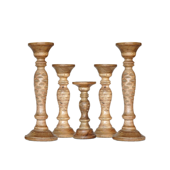 Traditional Wallnut Eco-friendly Handmade Mango Wood Set Of Five 15",12",9",12" & 15" Pillar Candle Holder BBH Homes