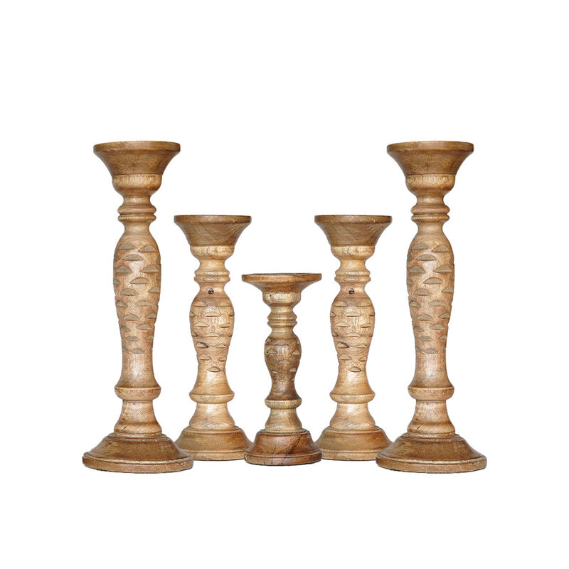 Traditional Wallnut Eco-friendly Handmade Mango Wood Set Of Five 15",12",9",12" & 15" Pillar Candle Holder BBH Homes