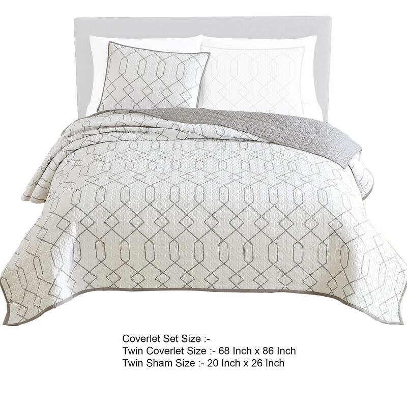 Jim 2 Piece Twin Size Reversible Coverlet Set, Geometric White and Gray - Benzara