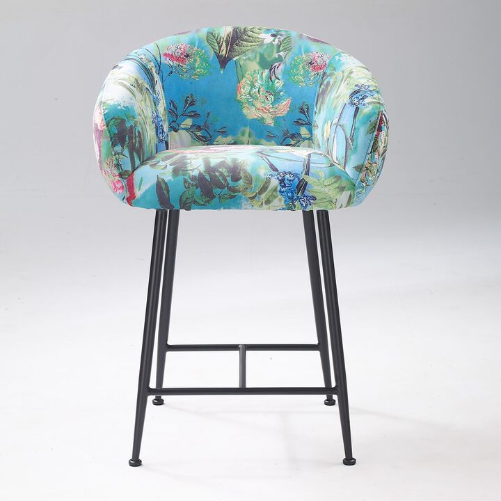 26 Inch Counter Stool Chair, Botanical Floral Print Blue Velvet, Black Legs - Benzara